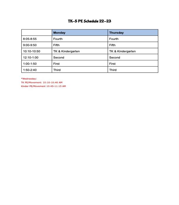 TK-5 PE Schedule 22-23